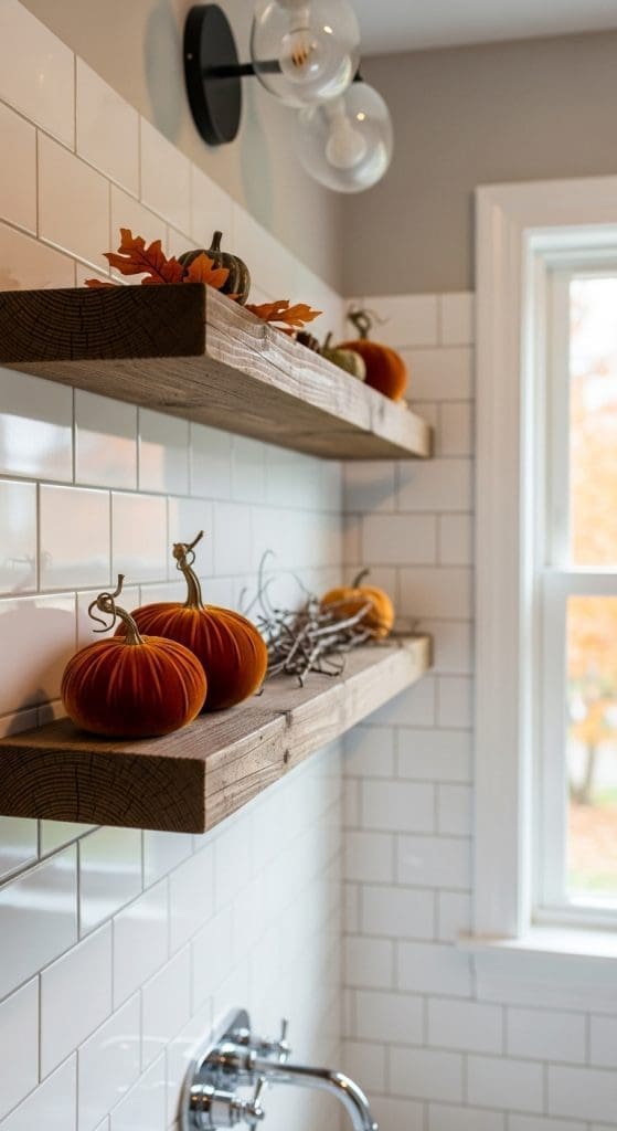 rustic wooden shelves in bathroom  Fall Bathroom Decor