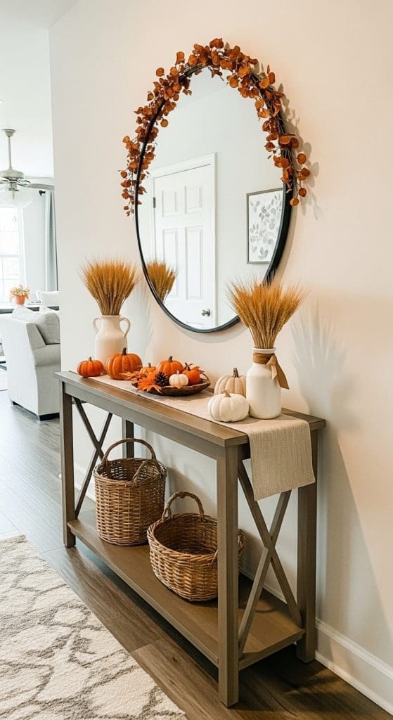 curated console table with wheat in white vases and rattan baskets Fall Entry Table Decor 