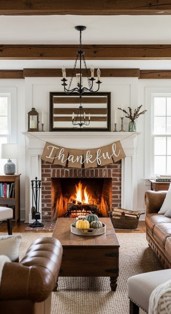 burlap banner hanging above a white fireplace 