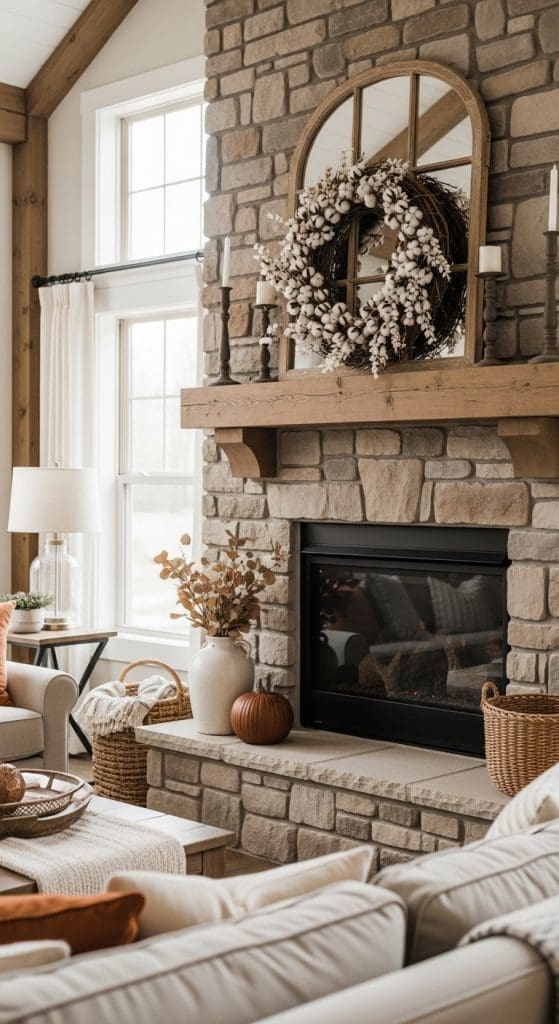 white cotton fall themed wreath on mantle
