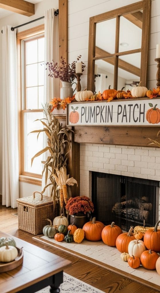 cute pumpkin patch fall decor on mantle
