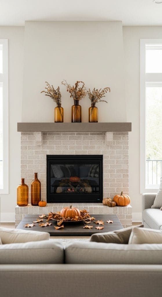amber glass vases filled with dried flowers on mantle 