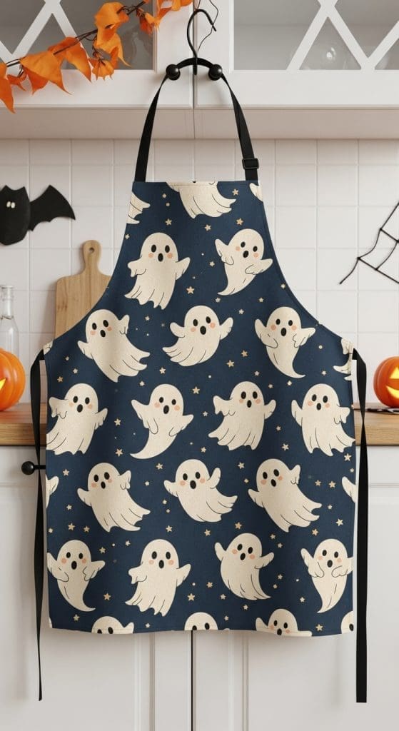 Apron hanging up in kitchen with white ghosts on 