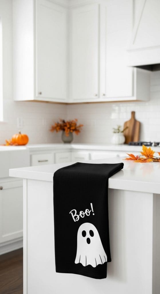 black tea towel with a white ghost on an the word "BOO"