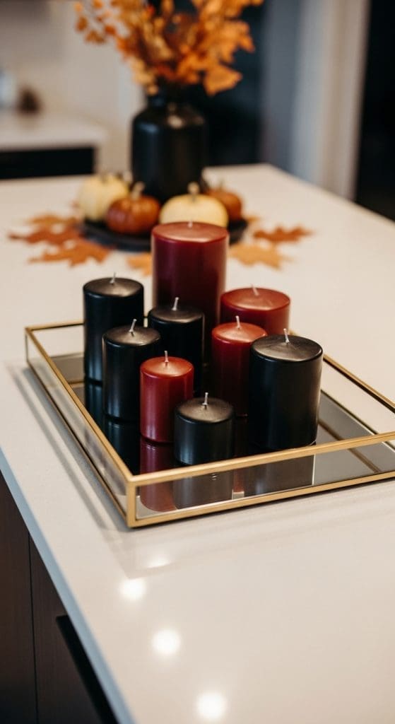 mirrored kitchen tray with dark red and black canldes 