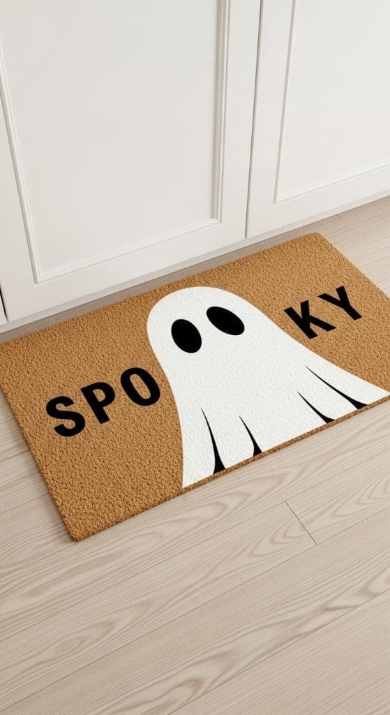kitchen floor mat with a white ghost on 