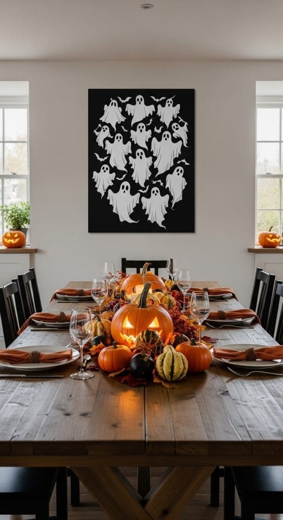 black art piece with white ghosts on in a kitchen 