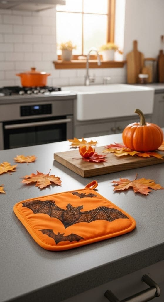 Orange pot holder wih a black bat on it 