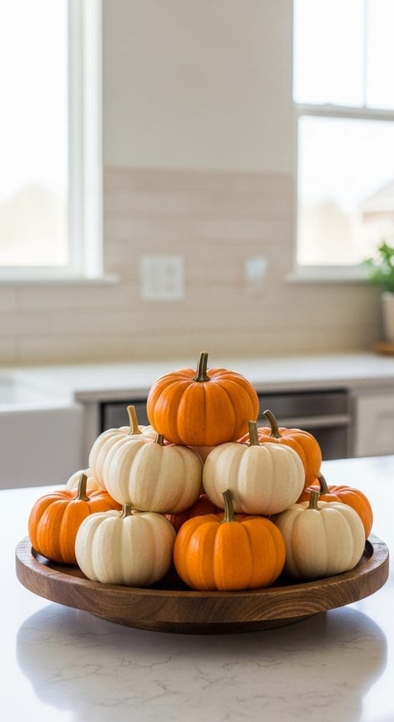 tiered mini orange and white pumpkins on wooden tray 