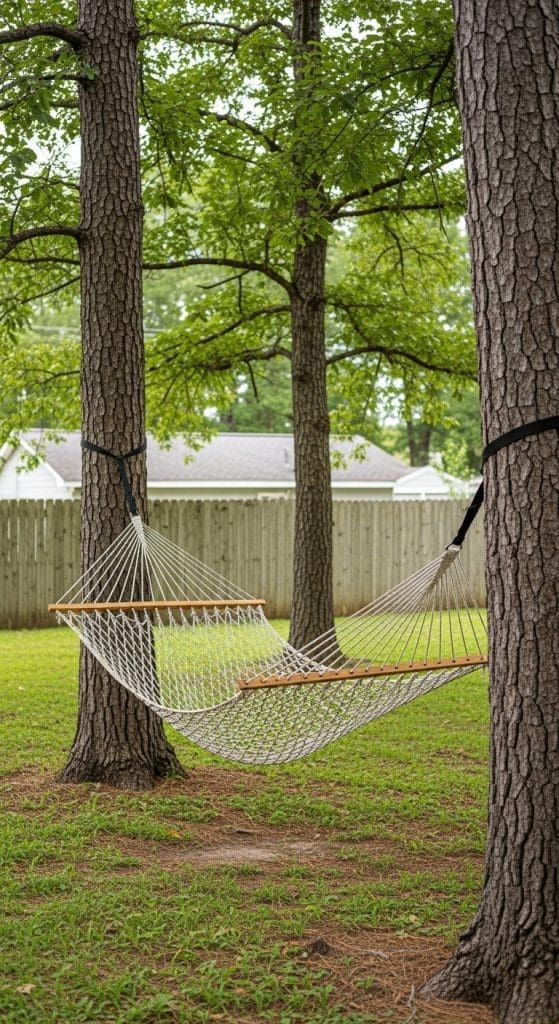 net hammock hanging between two trees 