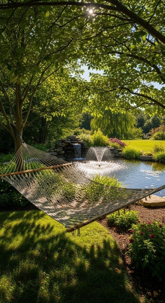 hammock next to a pond and fountain in a backyard