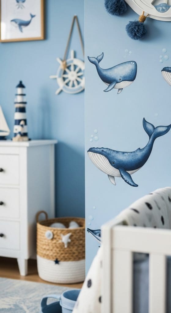 whale decals stuck to blue wall in nursery
