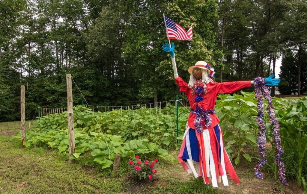scarecrow made in the same color theme as the American flag