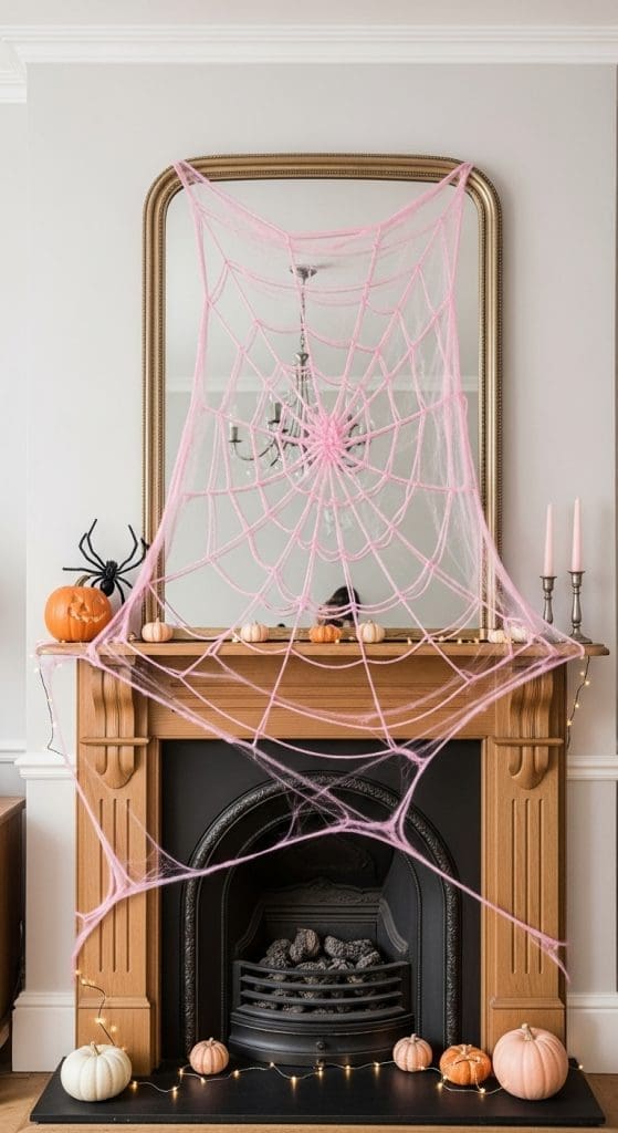 faux large spider web over gold mirror above fireplace