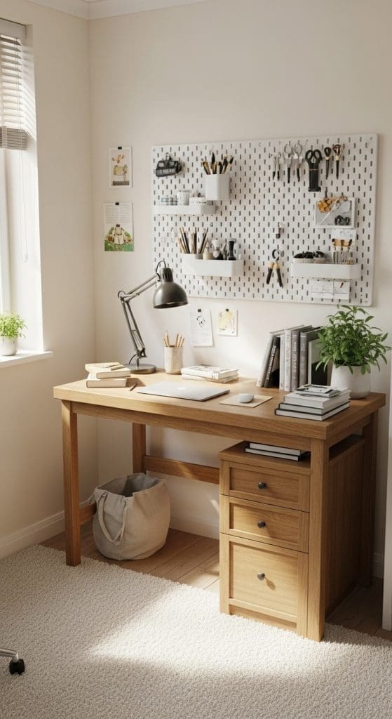 white pegboard above a wooden desk 