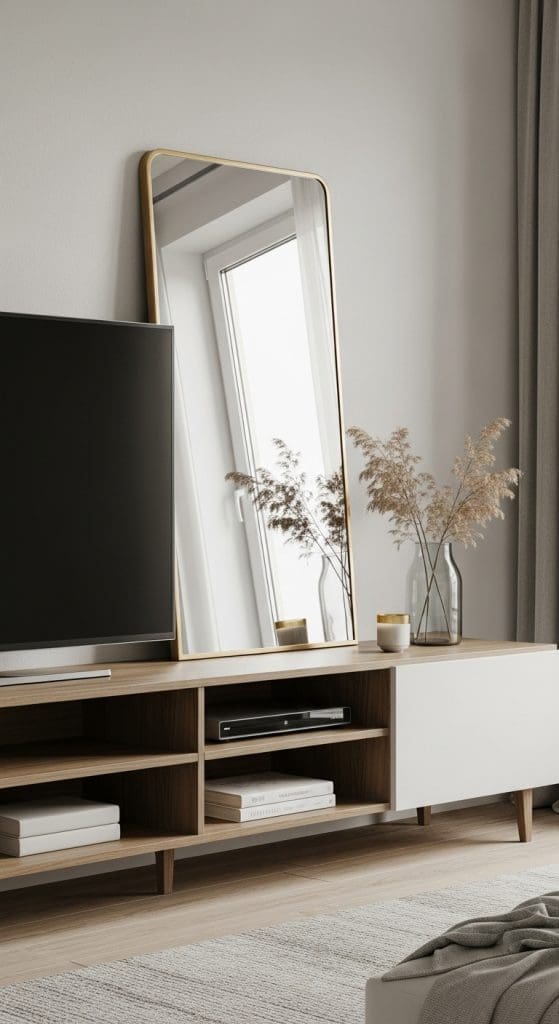 TV Console Styling  with leaning large mirror