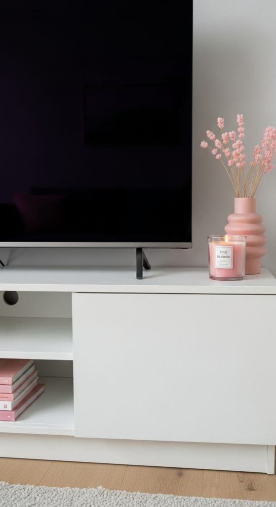 TV Console with pink scented candle 