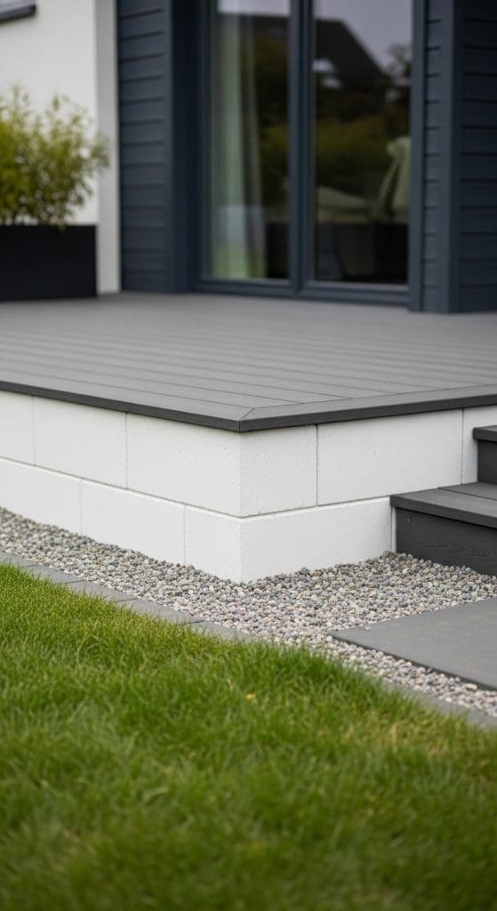 White painted concrete blocks used as deck skirting 