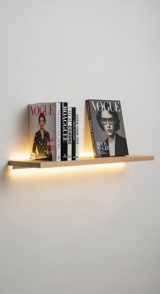 neon light under minimal bookshelf