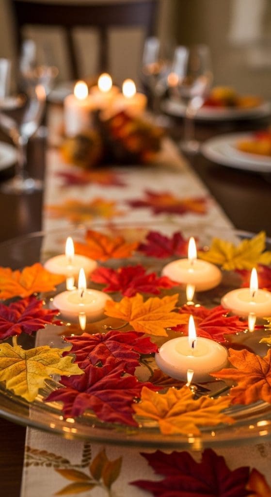 Floating candles in a glass bowl with autumn leaves as a centrepiece