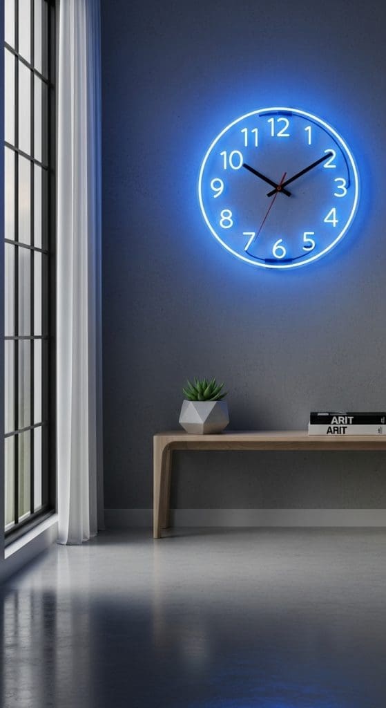 neon clock on a minimal wall
