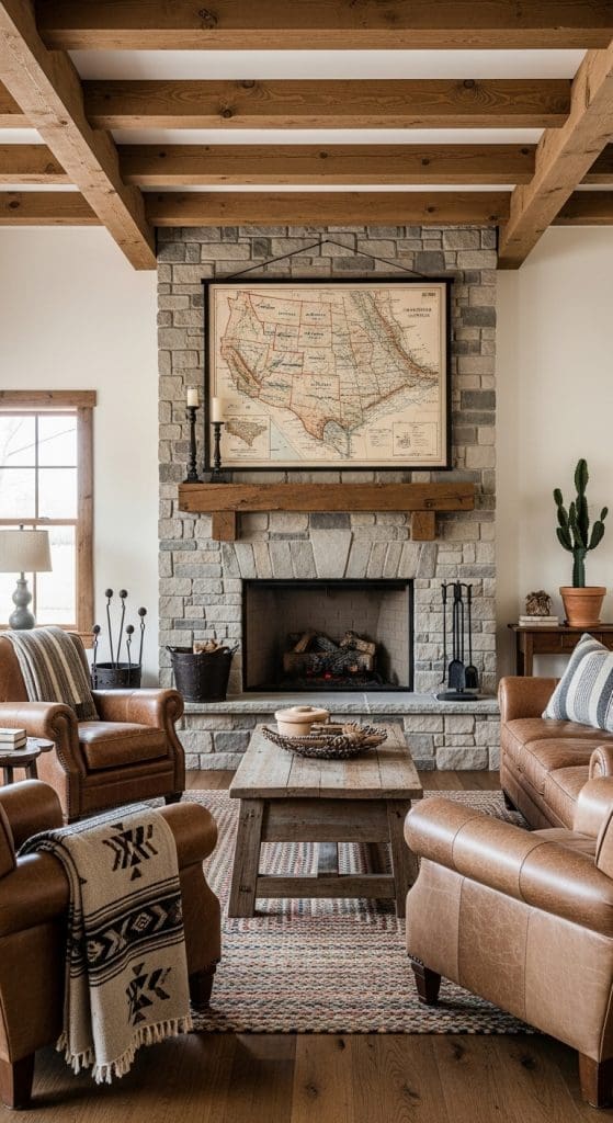 large map of western america hanging above fireplace