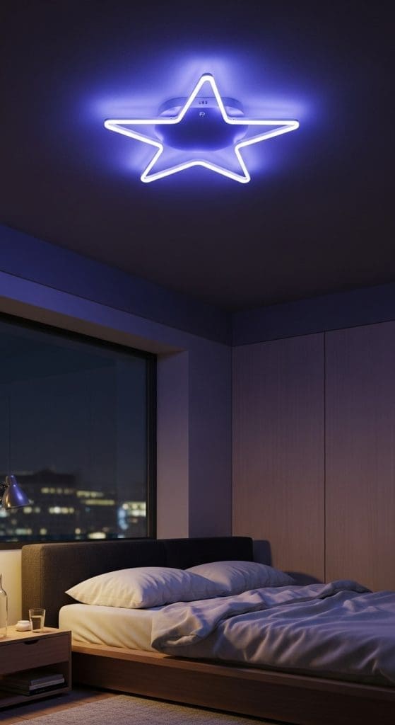 neon star shaped light on bedroom ceiling