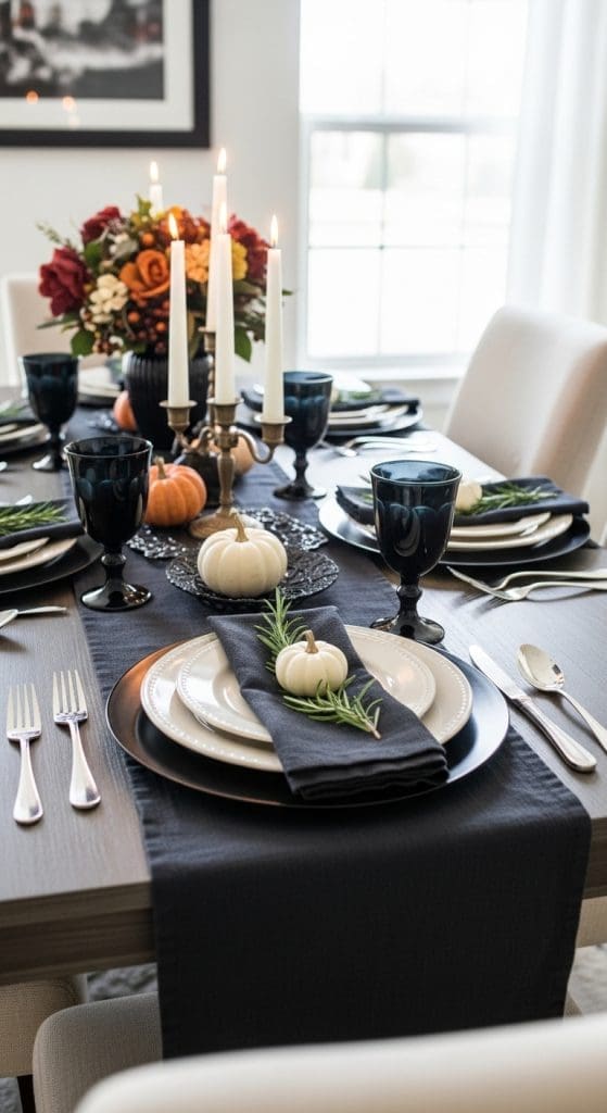 dining room table decorated for Halloween with mini pumpkins and black glasses