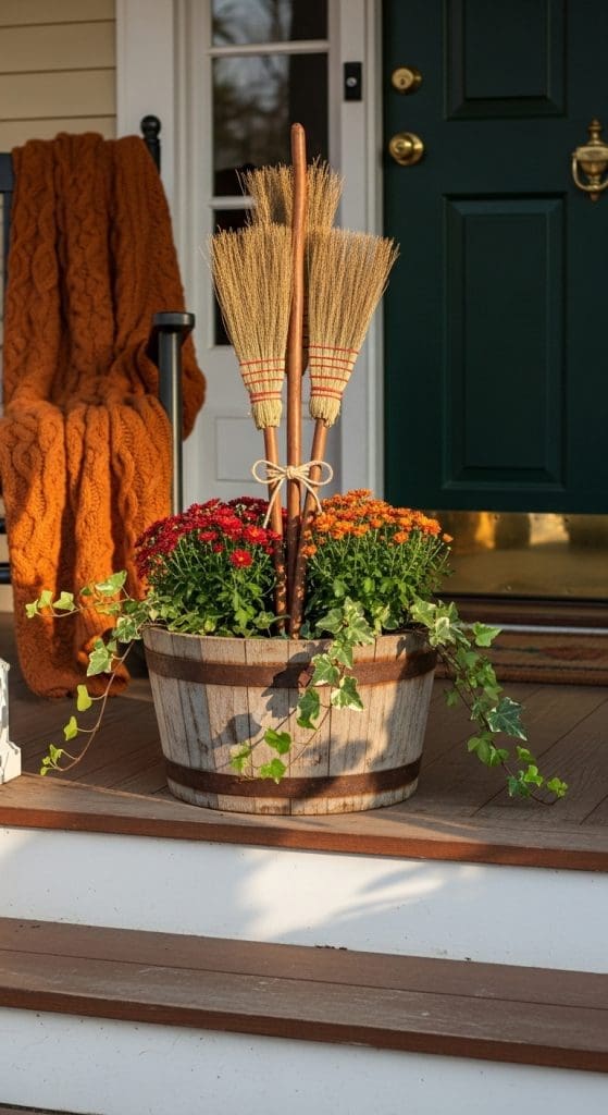 cinnamon broomsticks in a round rustic planter on front porch