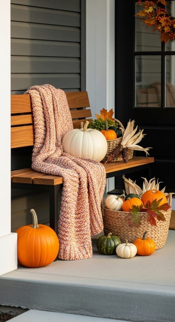 cozy throw and pumpkins on a wooden becnh on the front porch