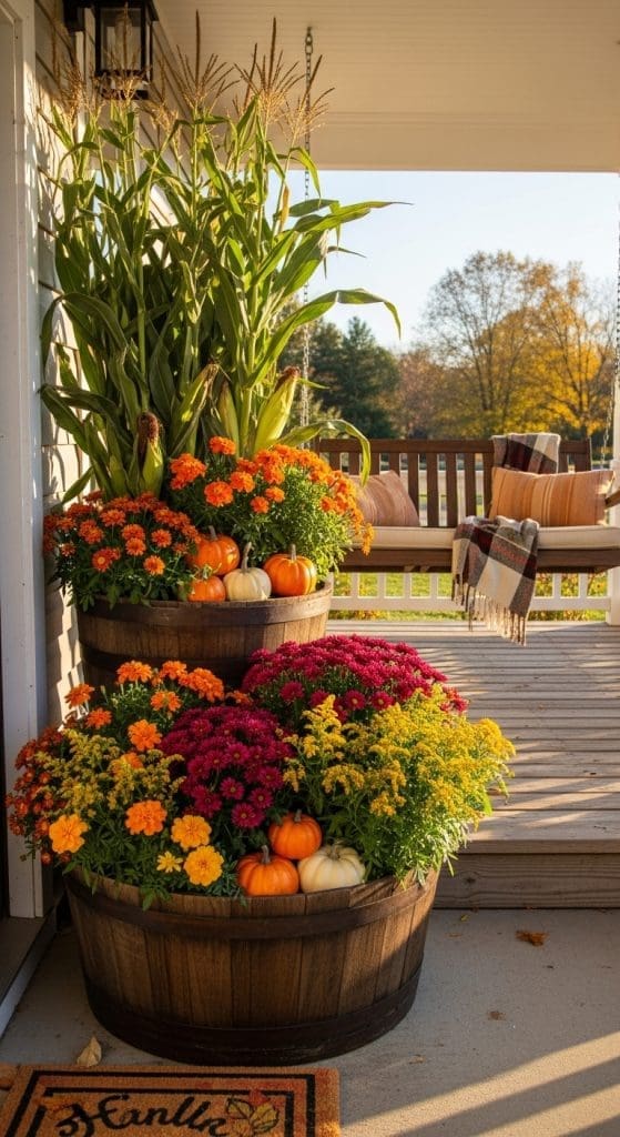 dried cornstalks added into fall style planters for height and variation