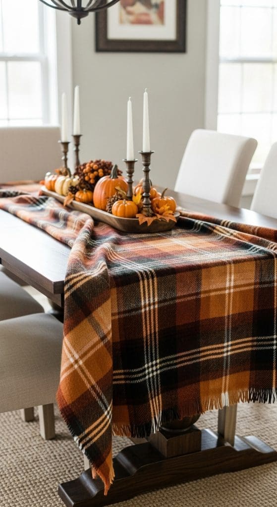 plaid blanket used as a table runner for a cozy fall table decor