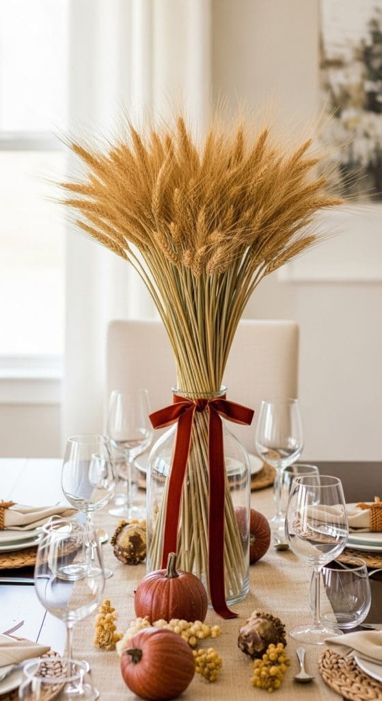 wheat bundle in a vase with a red velvet ribbon