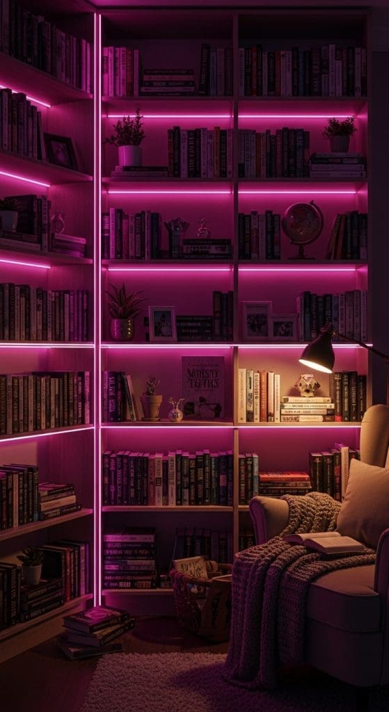 pink strip neon lights on bookshelves
