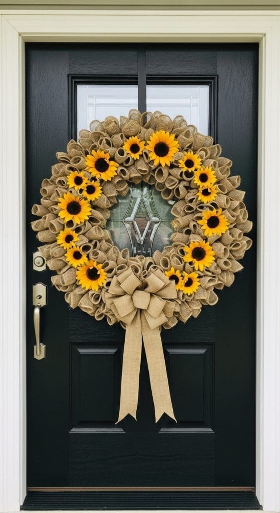 burlap loops that create a fall wreath with sunflowers attached