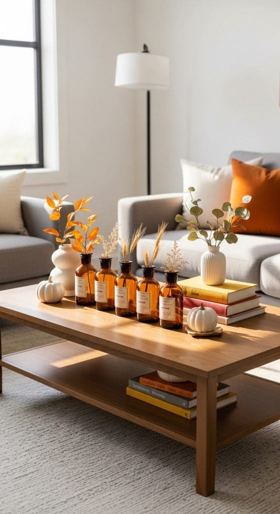 a line of amber vases with sprigs of dried wheat and stacked books on a Rectangle Coffee Table