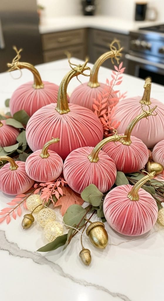 velvet pink pumpkins on a kitchen counter