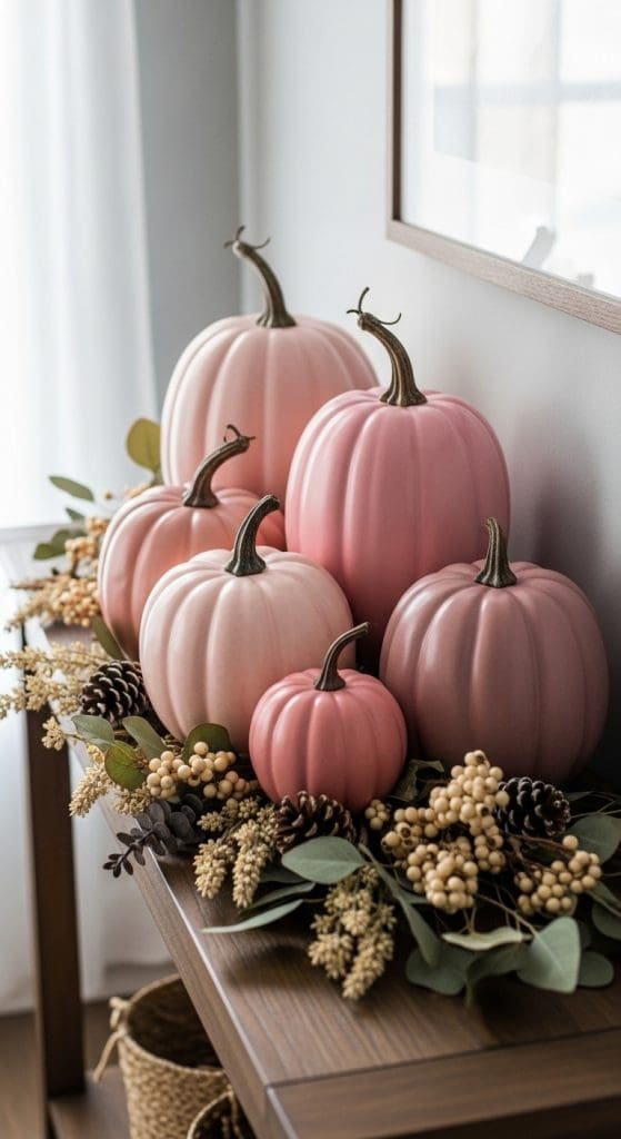 faux ceramic pink pumpkins on a console table