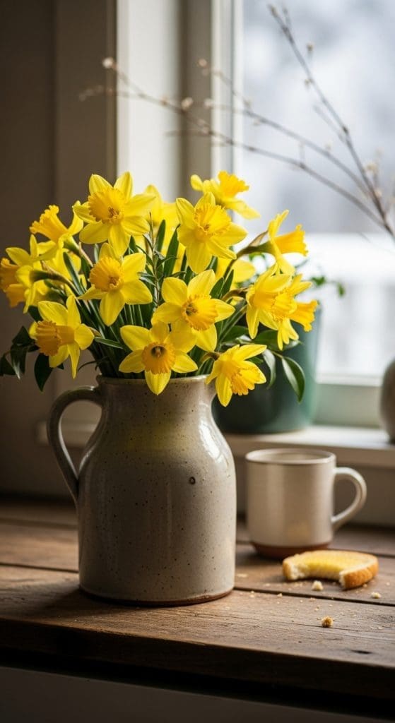 yellow daffodils in a just on a kitchen counter