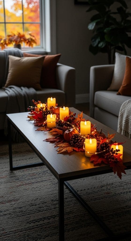 fall garland and LED Lights on a Rectangle Coffee Table