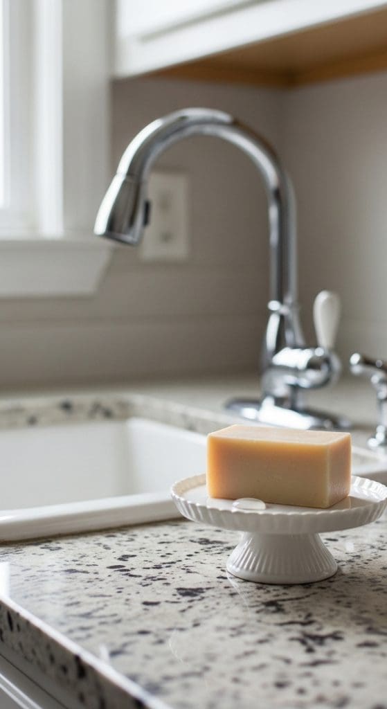 mini cake tray holding a bar of soap next to the kitchen sink