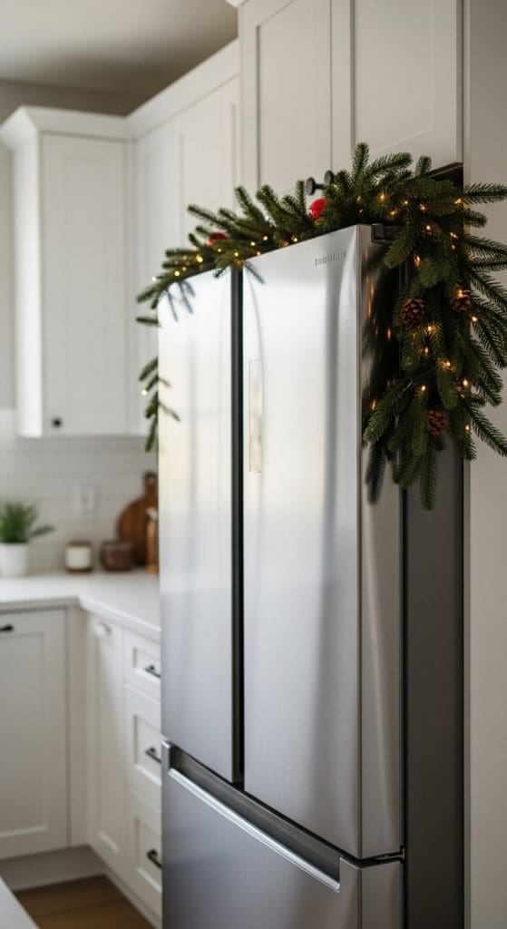 Christmas garland with lights on top of fridge