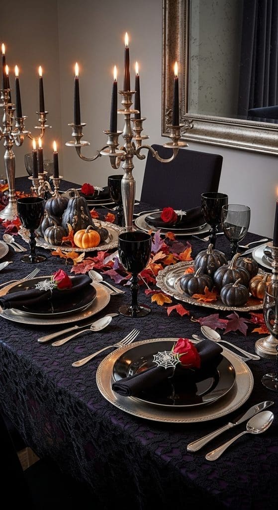 Gothic style dining room table decor for Halloween with black pumpkins and vintage candle holders