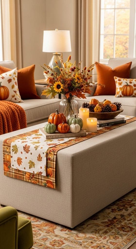 two runners with mini pumpkins and vase with dried flowers on a Rectangle Coffee Table