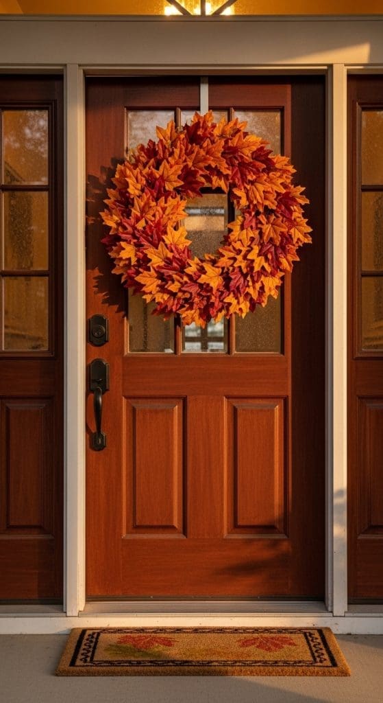 wreath made from maple leaves on a wooden front door