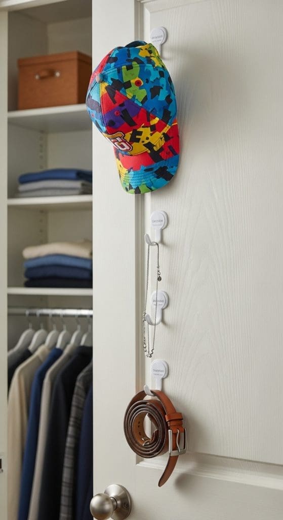 white command hooks on a wall for accessories