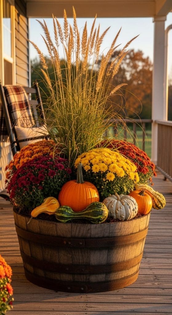 wine barrel planter with tall grass and pumpkins