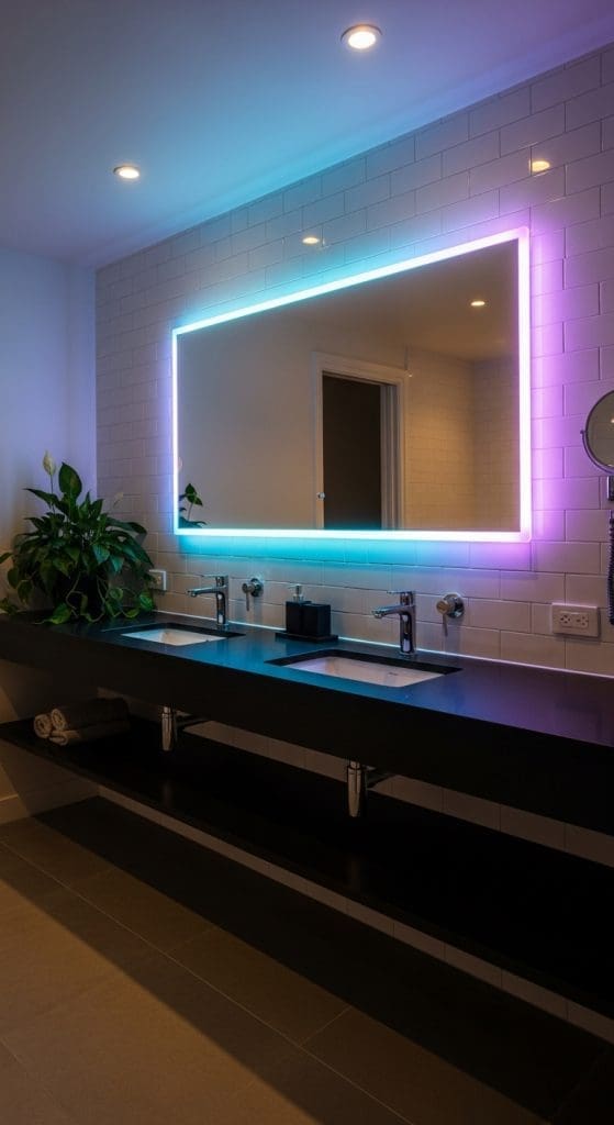 neon lighting around mirror in bathroom