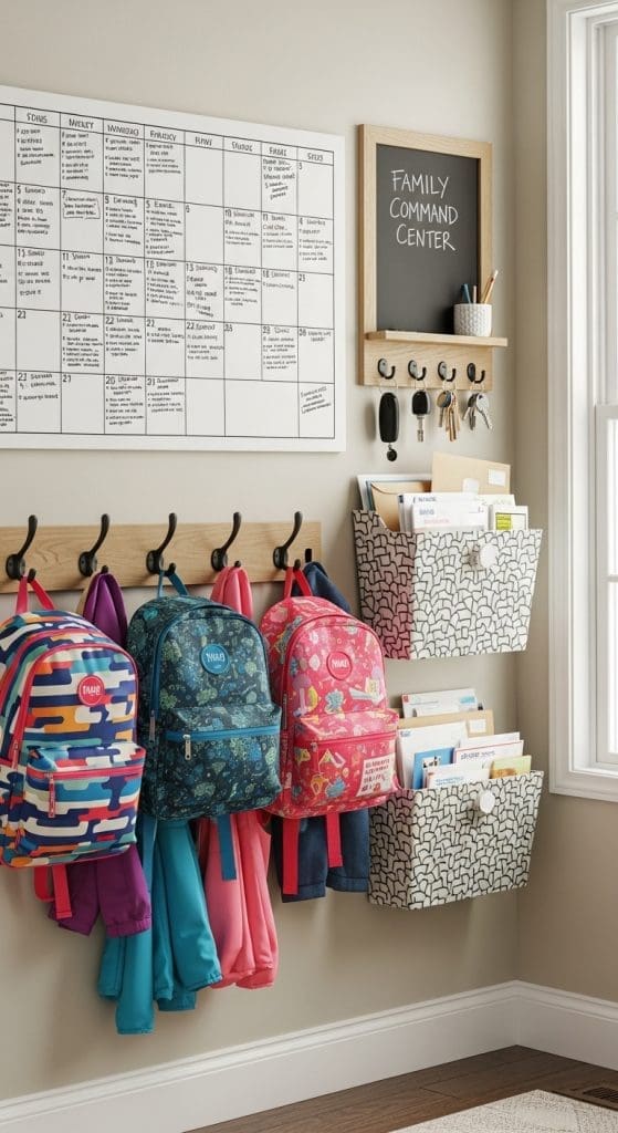 family command wall in the entryway with chalkboard, pegs and filing system