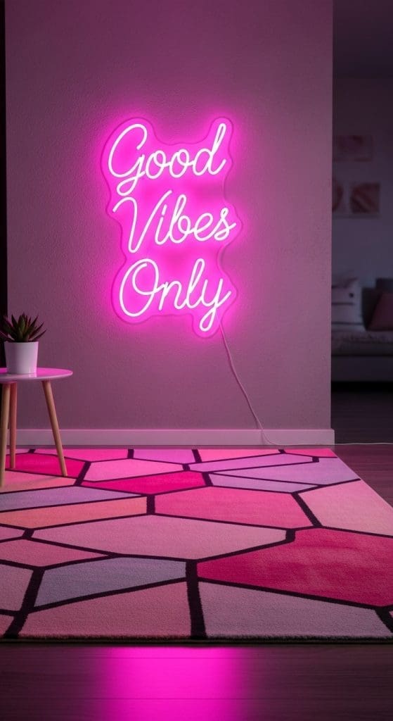 pink good vibes only sign above a pink patterned rug
